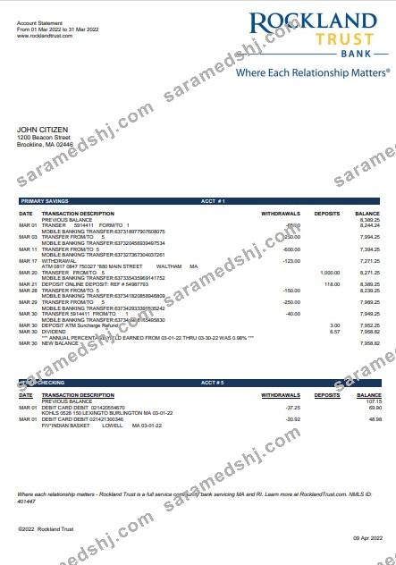USA Massachusetts Rockland Trust bank statement Word and PDF template